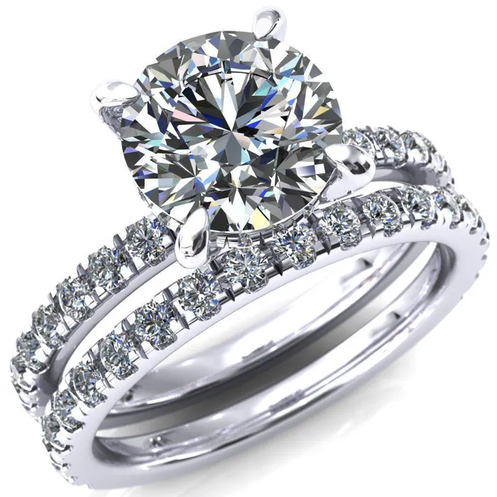Rings Fire Brilliance Daneli Round Center Stone 4 Claw Prong Micro Pave Diamond Sides Engagement Ring