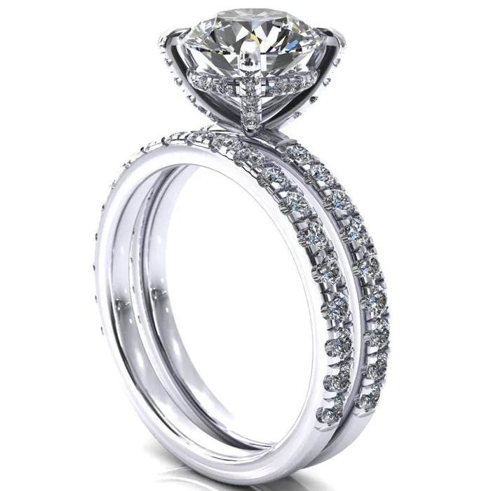 Rings Fire Brilliance Daneli Round Center Stone 4 Claw Prong Micro Pave Diamond Sides Engagement Ring