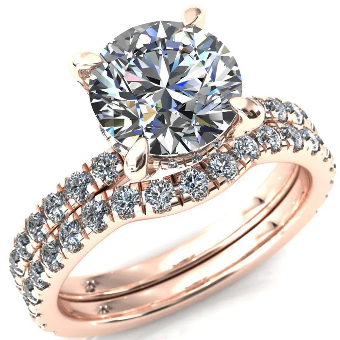 Rings Fire Brilliance Daneli Round Center Stone 4 Claw Prong Micro Pave Diamond Sides Engagement Ring