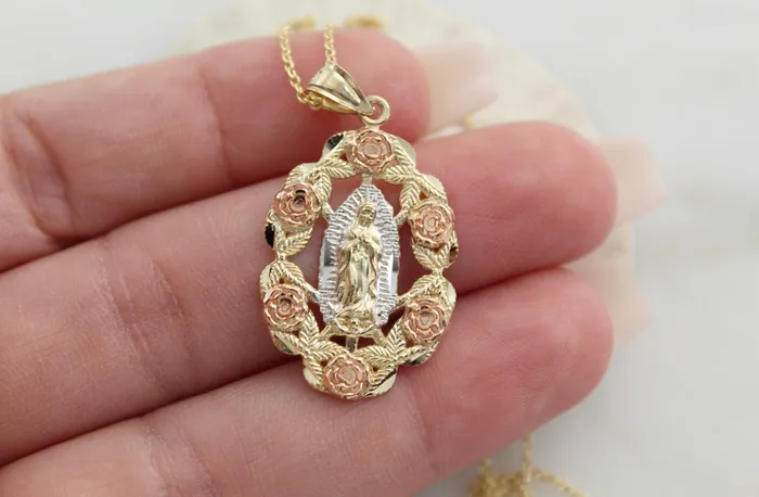 Necklaces TheLittleCatholic 14k Gold Rose Our Lady of Guadalupe Necklace