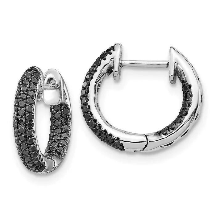 14k White Gold Black Diamond Hinged Hoop Earrings Jewelry Earrings