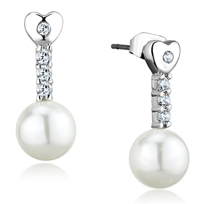 Alamode Earrings 3W675 Rhodium Brass Earrings with Synthetic Pearl in White