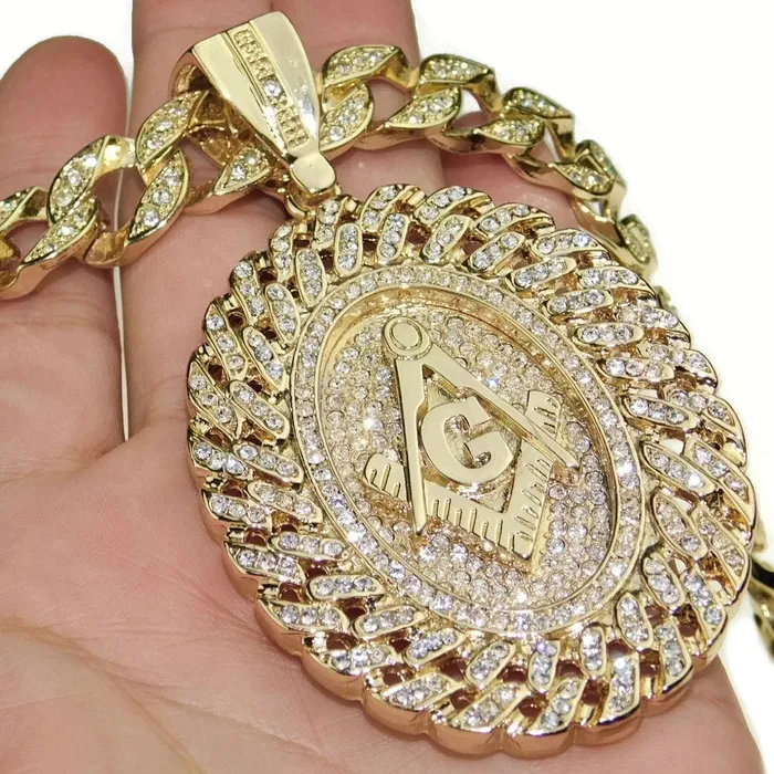 Bling Cartel Admin Necklaces 14K Gold Plated Masonic Oval Iced Medallion Cuban Link Chain Necklace 30