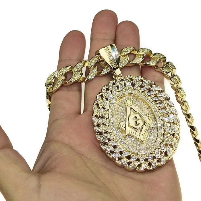 Bling Cartel Admin Necklaces 14K Gold Plated Masonic Oval Iced Medallion Cuban Link Chain Necklace 30