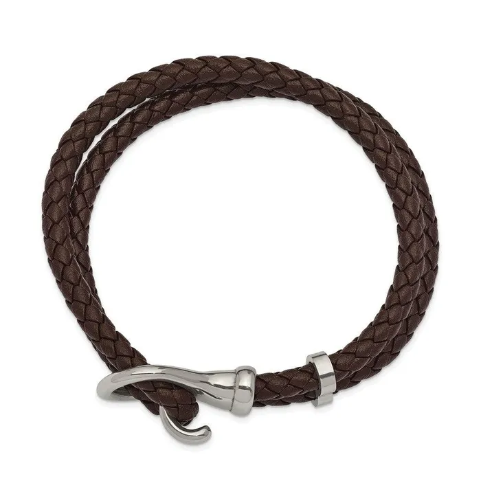 Bracelets Chisel Stainless Steel Polished Braided Brown Leather 8in Bracelet Bracelets Chisel Stainless Steel Polished Braided Brown Leather 8in Bracelet