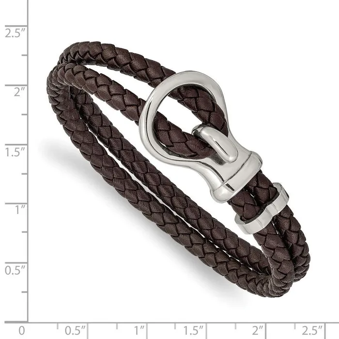 Bracelets Chisel Stainless Steel Polished Braided Brown Leather 8in Bracelet Bracelets Chisel Stainless Steel Polished Braided Brown Leather 8in Bracelet