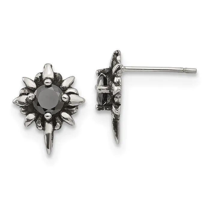 Chisel Earrings Stainless Steel Antiqued and Polished wBlack CZ Post Earrings Chisel Earrings Stainless Steel Antiqued and Polished wBlack CZ Post Earrings