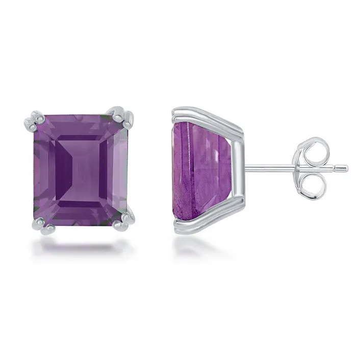 Classic Earrings Sterling Silver Rectangle Amethyst Prong Set Stud Earrings Classic Earrings Sterling Silver Rectangle Amethyst Prong Set Stud Earrings