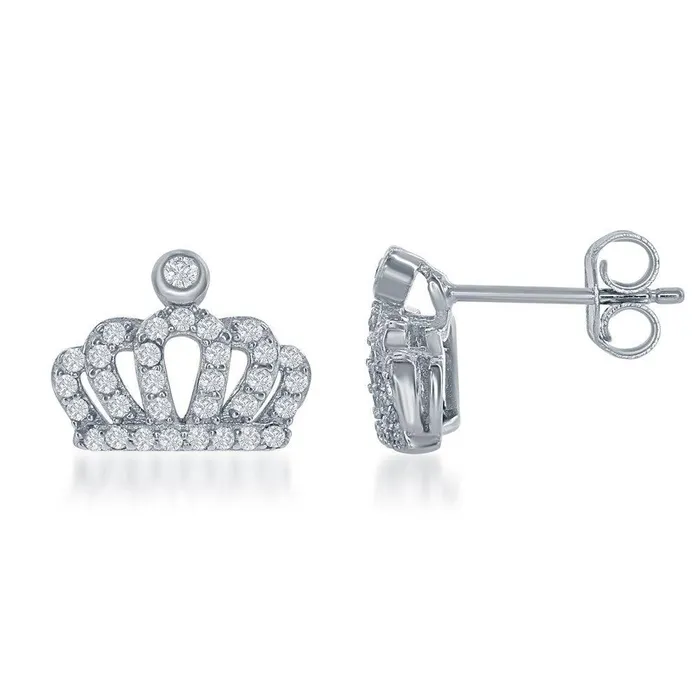 Classic Earrings Sterling Silver Small CZ Crown Stud Earrings