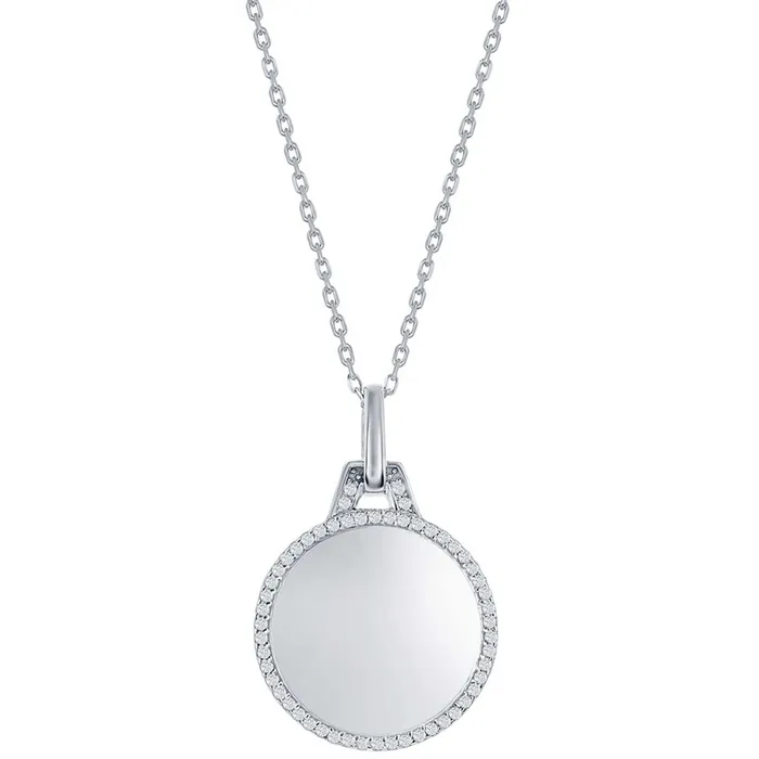 Classic Necklaces Classic Womens Necklace Sterling Silver Polished Circle with CZ Border M7038 Classic Necklaces Classic Womens Necklace Sterling Silver Polished Circle with CZ Border M7038
