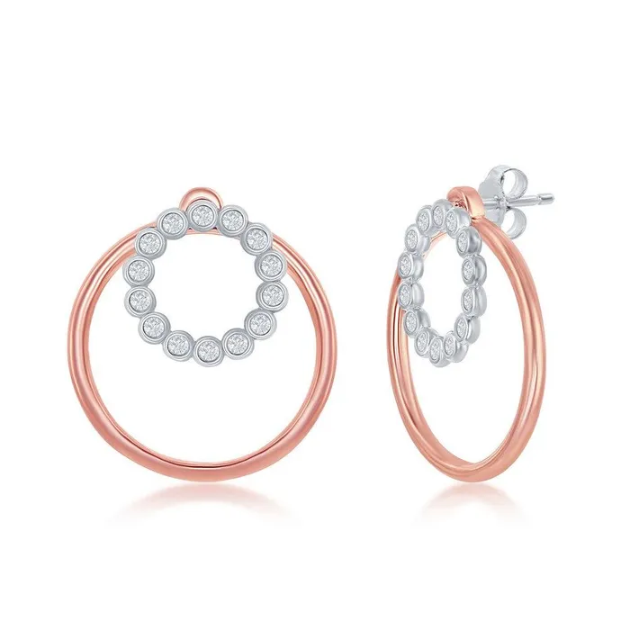 Earrings Classic Sterling Silver Rose GP BezelSet CZ and Open Circle Earrings