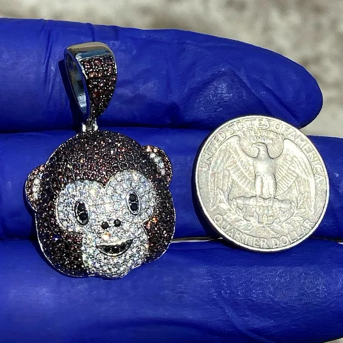 Necklaces Bling Cartel Admin 925 Sterling Silver Brown Monkey Emoji Iced CZ Flooded Out Pendant
