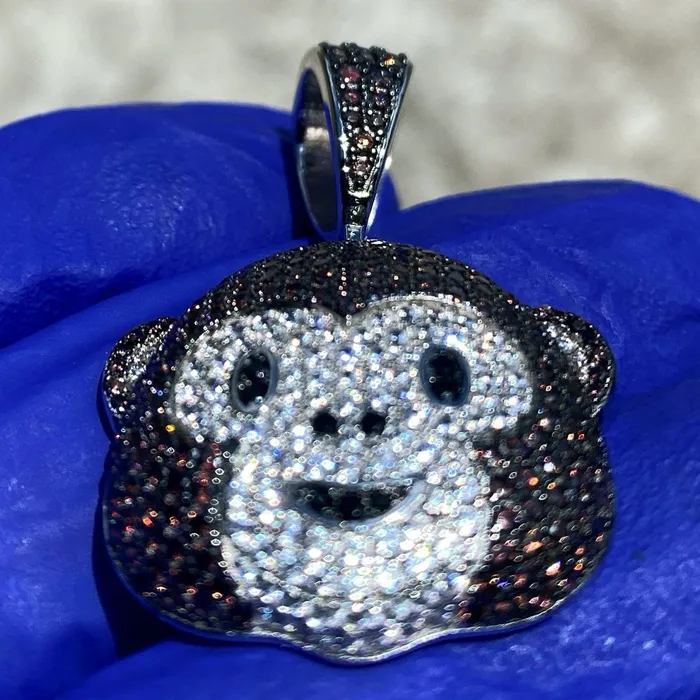 Necklaces Bling Cartel Admin 925 Sterling Silver Brown Monkey Emoji Iced CZ Flooded Out Pendant