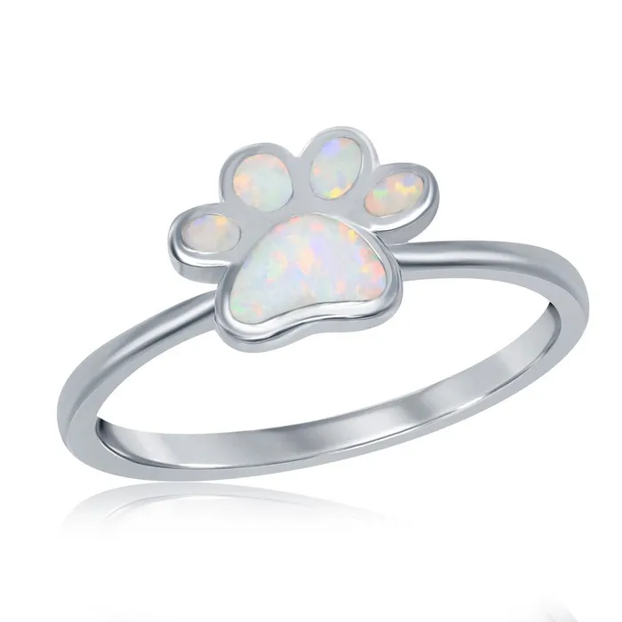 Rings Sterling Silver White Inlay Opal Paw Print Ring Classic
