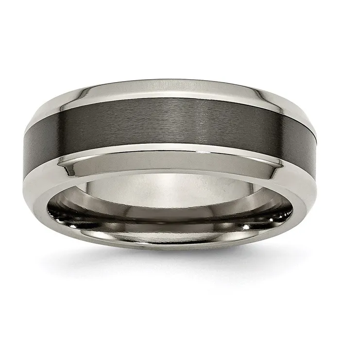 Rings Titanium Base wBrushed Black Ceramic Center Beveled 8mm Band TB384 Chisel