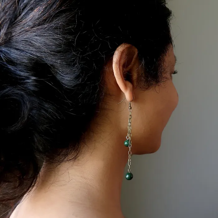 Satin Crystals Earrings Malachite Earrings Double Trouble Long Chain