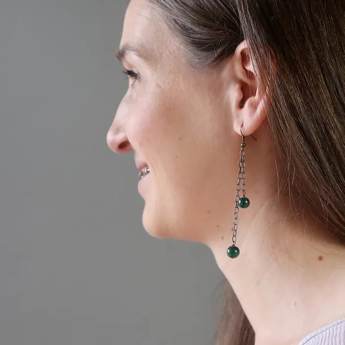 Satin Crystals Earrings Malachite Earrings Double Trouble Long Chain