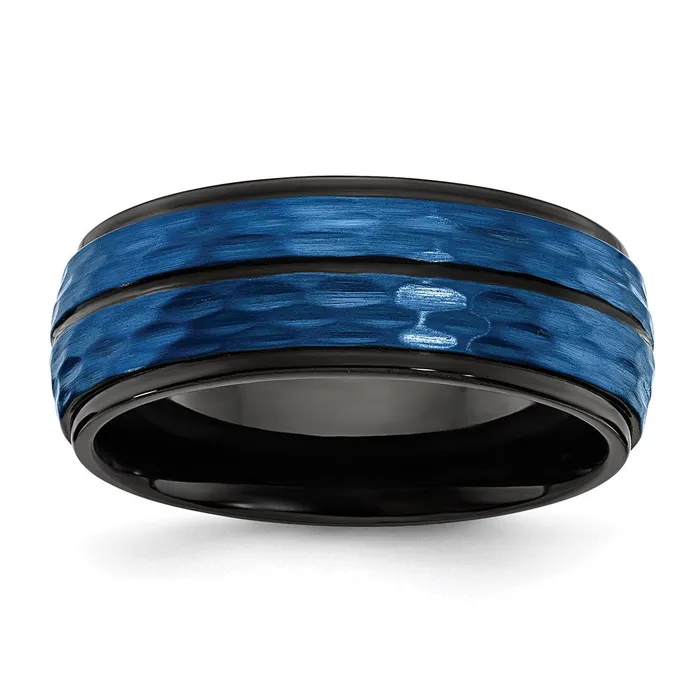 Stainless Steel Brushed and Polished BlackBlue IPplated 800mm Band SR675 Chisel Rings