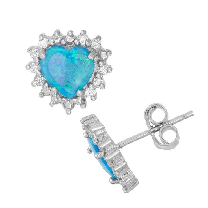 Sterling Silver Blue Inlay Opal Heart Stud Earrings Classic Earrings