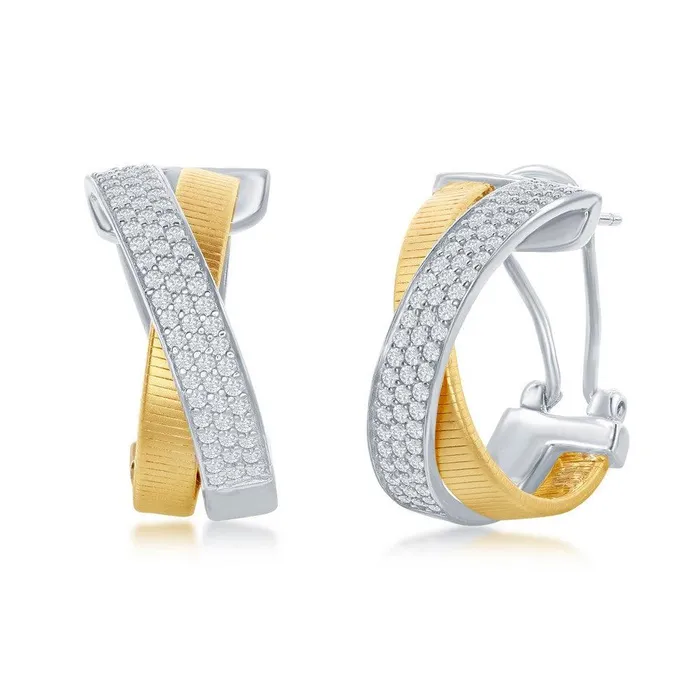 Sterling Silver Bonded with 14K Gold CZ Earrings Classic Earrings