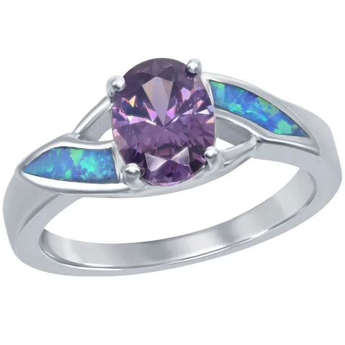 Womens Ring Sterling Silver Blue Opal with Purple CZ Size 6 W95906 Classic Rings