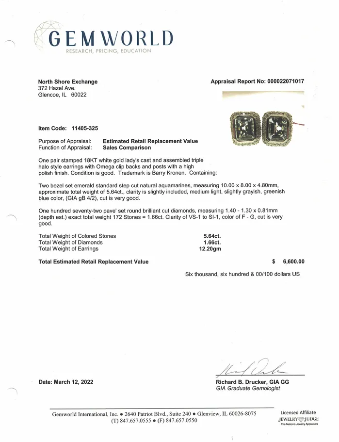 Barry Kronen Earrings Barry Kronen 18K White Gold Earrings with Aquamarine and Diamonds