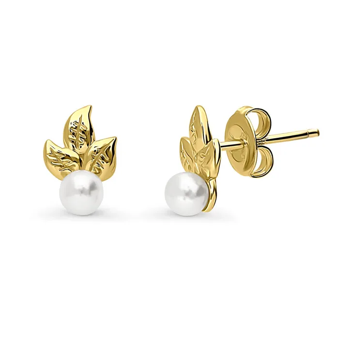 BERRICLE Leaf Imitation Pearl Stud Earrings in Sterling Silver Earrings