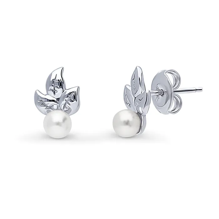 BERRICLE Leaf Imitation Pearl Stud Earrings in Sterling Silver Earrings
