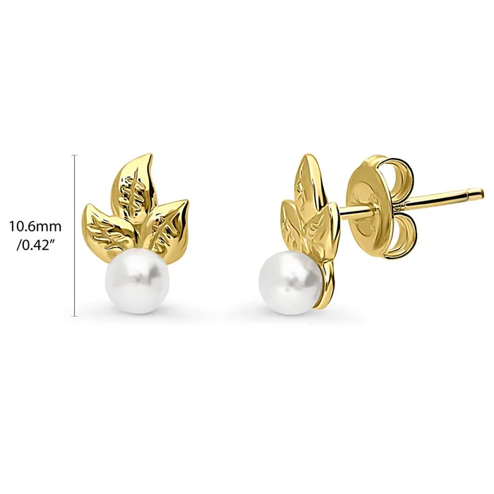 BERRICLE Leaf Imitation Pearl Stud Earrings in Sterling Silver Earrings