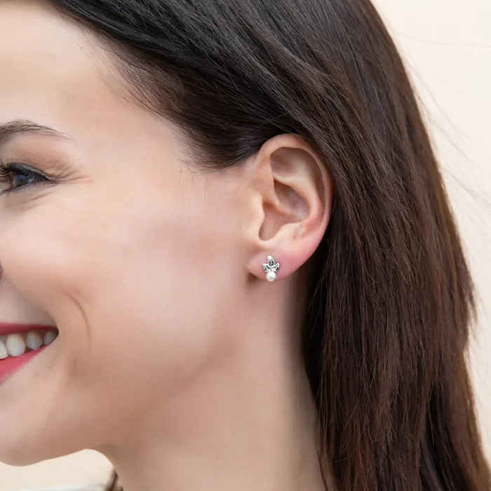 BERRICLE Leaf Imitation Pearl Stud Earrings in Sterling Silver Earrings