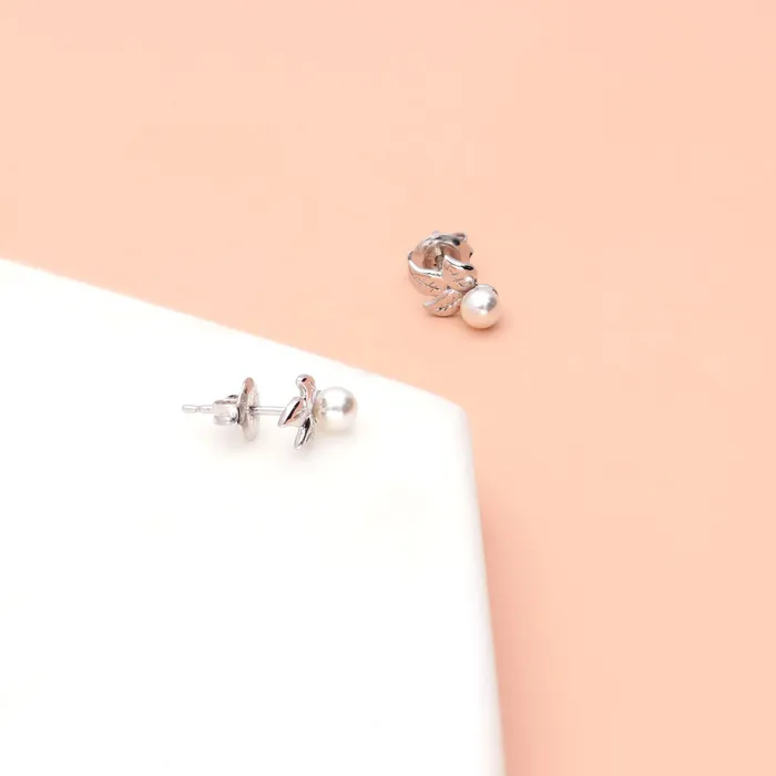 BERRICLE Leaf Imitation Pearl Stud Earrings in Sterling Silver Earrings