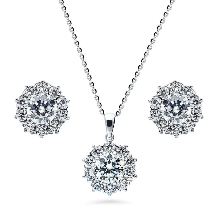 BERRICLE Necklaces Flower Halo CZ Necklace and Earrings in Sterling Silver