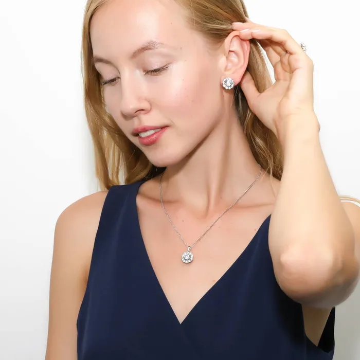 BERRICLE Necklaces Flower Halo CZ Necklace and Earrings in Sterling Silver