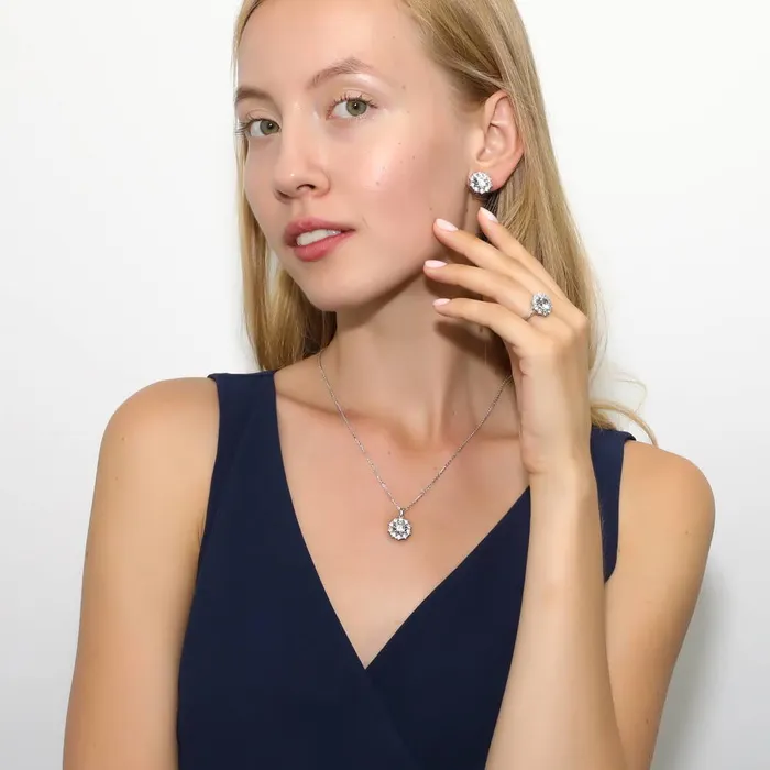 BERRICLE Necklaces Flower Halo CZ Necklace and Earrings in Sterling Silver