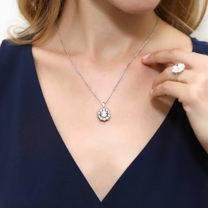 BERRICLE Necklaces Flower Halo CZ Necklace and Earrings in Sterling Silver
