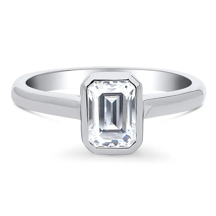 BERRICLE Rings Solitaire 1ct Bezel Emerald Cut CZ Ring in Sterling Silver