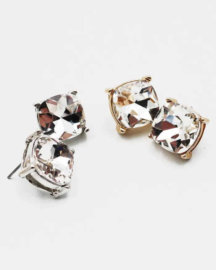 Earrings 03082023 Clear Faceted Square Stone Stud Earrings