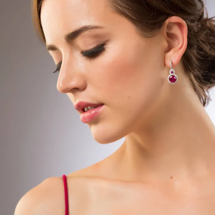 Earrings BERRICLE Halo Simulated Ruby CZ Earrings in Sterling Silver