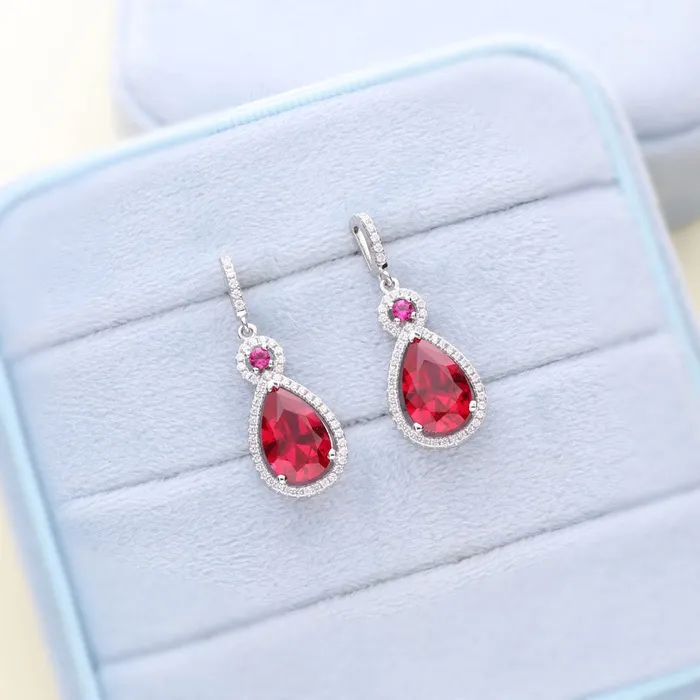 Earrings BERRICLE Halo Simulated Ruby Pear CZ Set in Sterling Silver