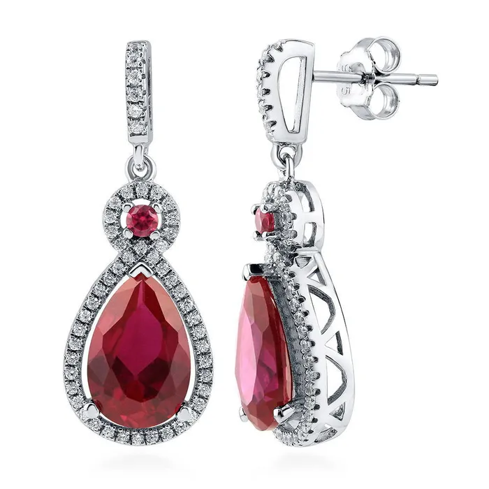 Earrings BERRICLE Halo Simulated Ruby Pear CZ Set in Sterling Silver