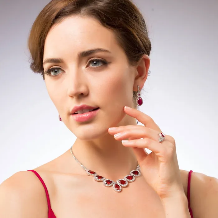 Earrings BERRICLE Halo Simulated Ruby Pear CZ Set in Sterling Silver