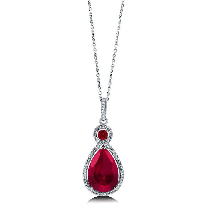 Earrings BERRICLE Halo Simulated Ruby Pear CZ Set in Sterling Silver