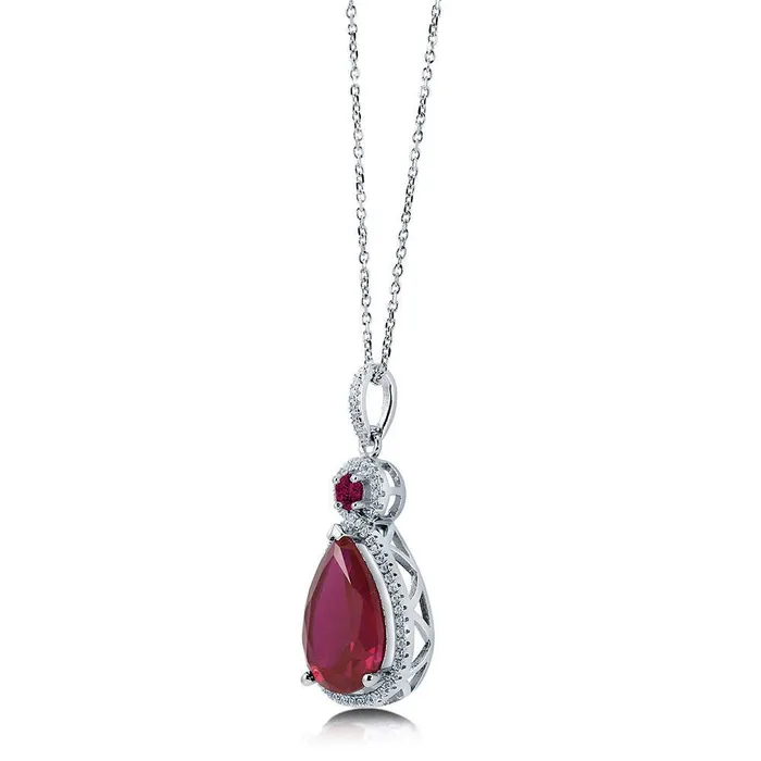 Earrings BERRICLE Halo Simulated Ruby Pear CZ Set in Sterling Silver