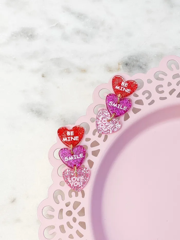 Glitter Conversation Heart Dangle Earrings Prep Obsessed FAME Earrings