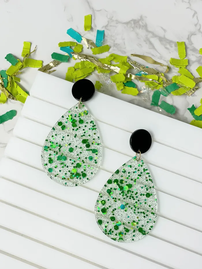 Green Confetti Teardrop Dangle Earrings Prep Obsessed JJ Earrings