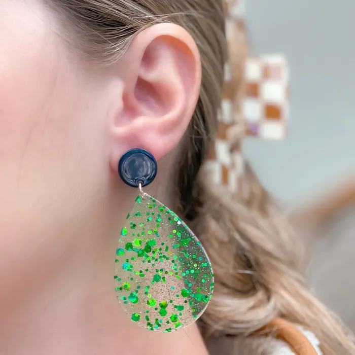Green Confetti Teardrop Dangle Earrings Prep Obsessed JJ Earrings