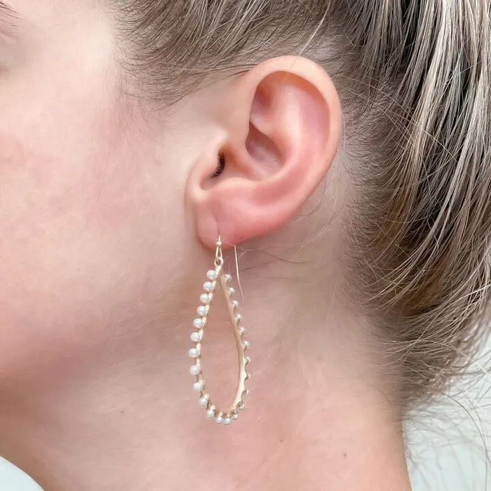 Prep Obsessed CT Earrings Pearl Studded Oval Dangle Earrings Gold