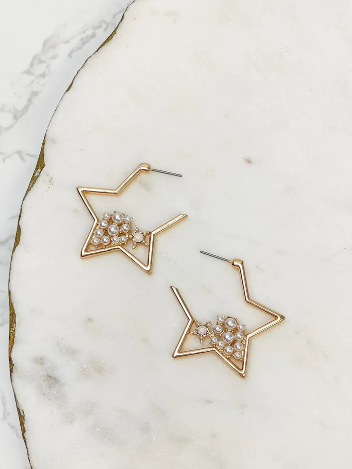 Prep Obsessed ESS Earrings Gold Pearl Star Hoop Earrings