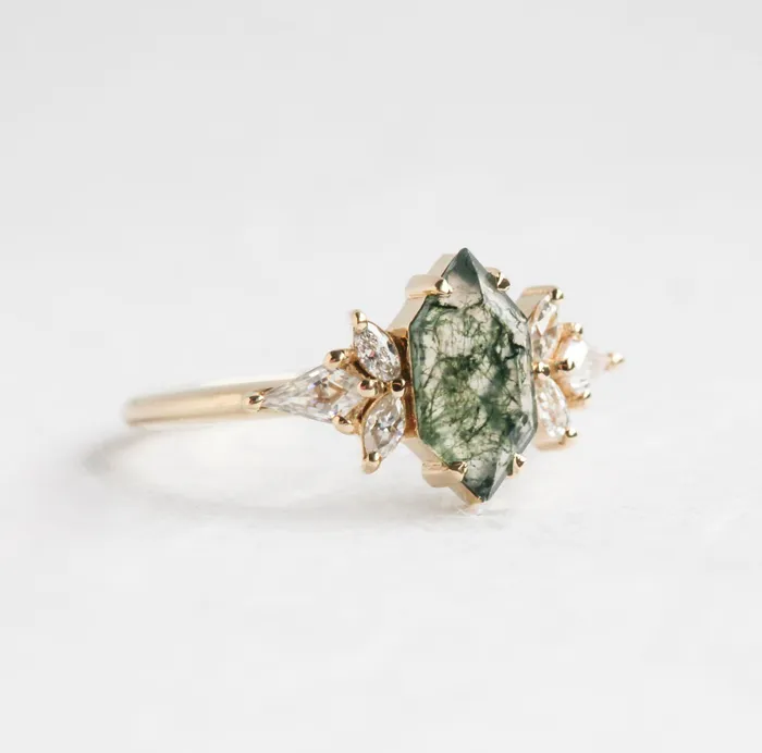 Tori Hexagon Moss Agate Ring With Accent Diamonds Capucinne Rings
