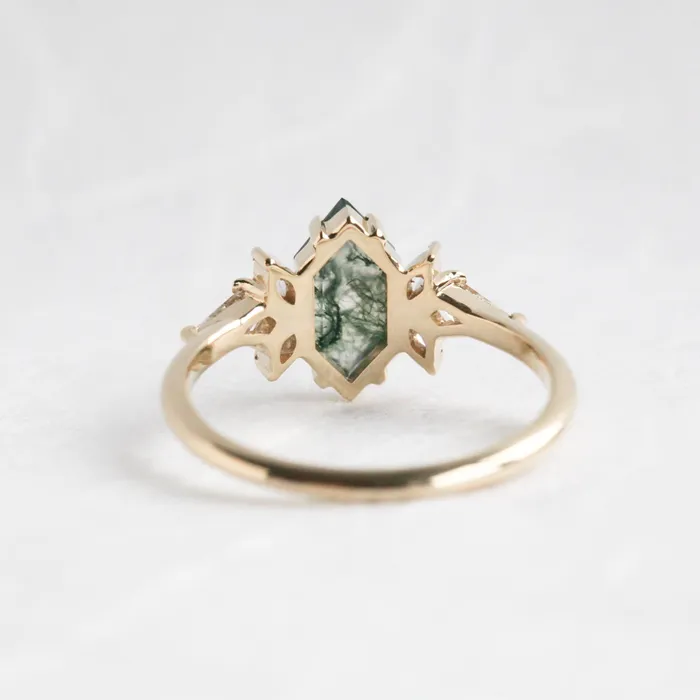 Tori Hexagon Moss Agate Ring With Accent Diamonds Capucinne Rings